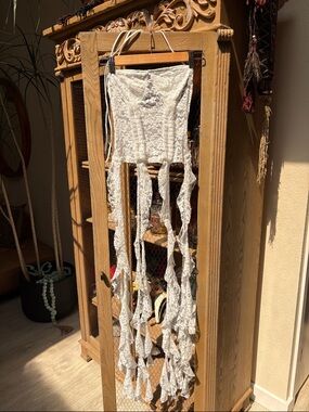 White Lace Halter Corset with Long Ruffle Tassels